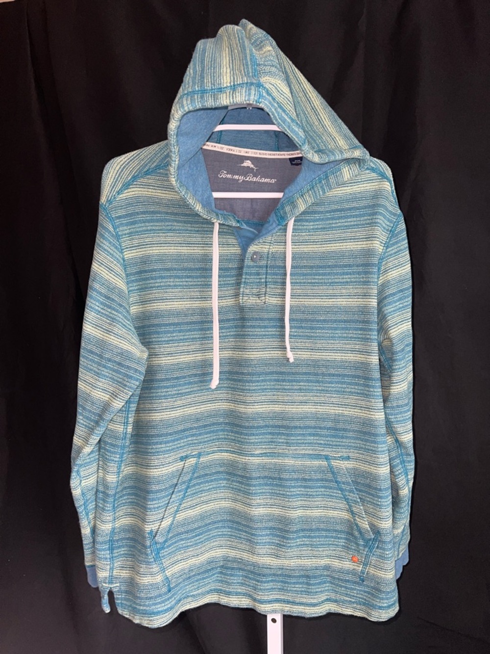 Tommy Bahama Teal and Light Blue Striped Hooded Pullover Men’s Size M/M